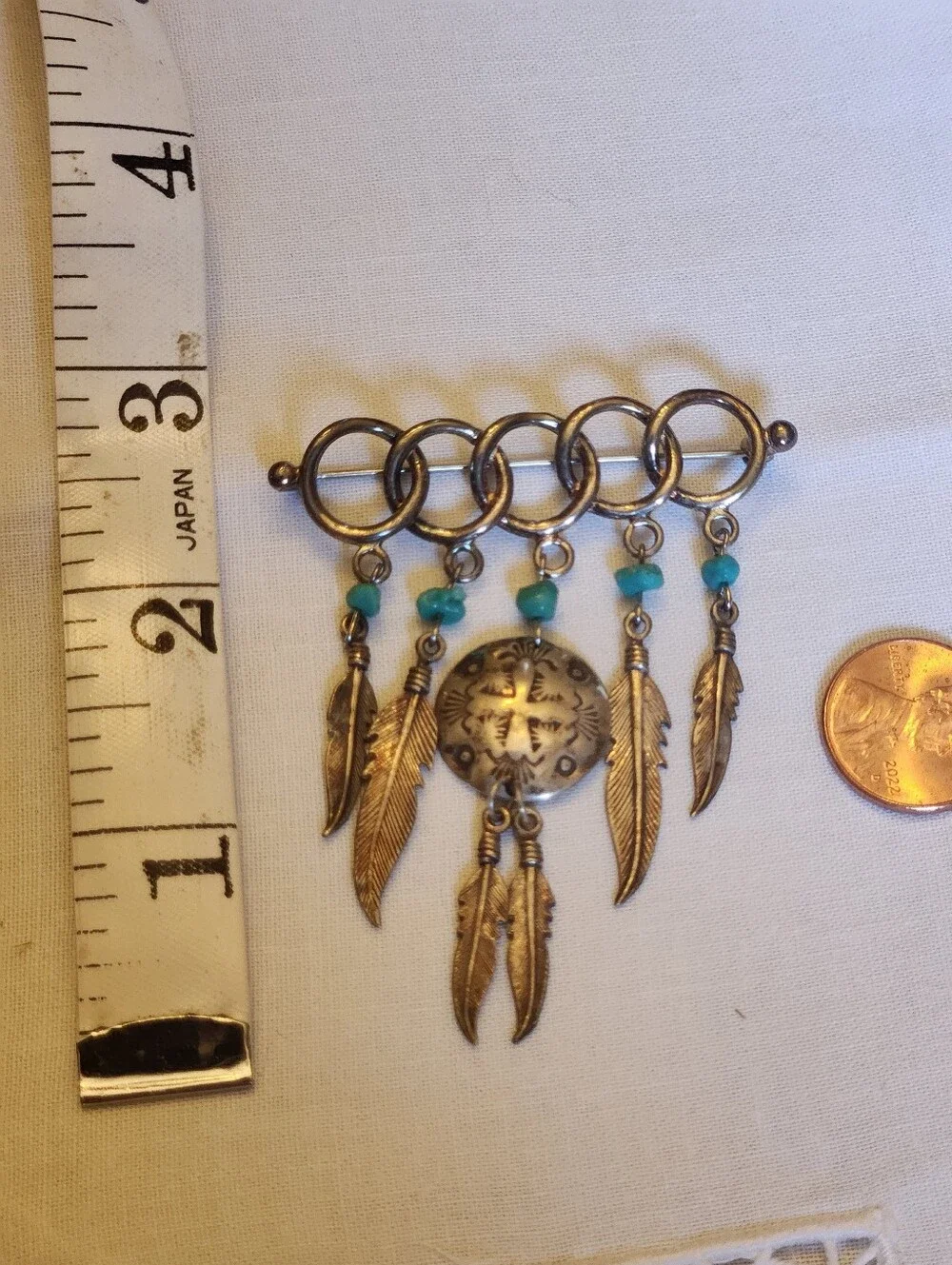 Vintage Native American Navajo Circle Brooch Pin w/ Feathers Turquoise Sterling